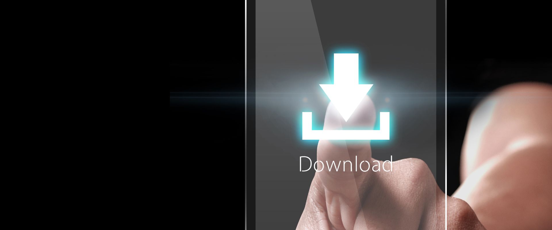 In a close-up, a finger is shown typing onto the Download button on a phone screen.